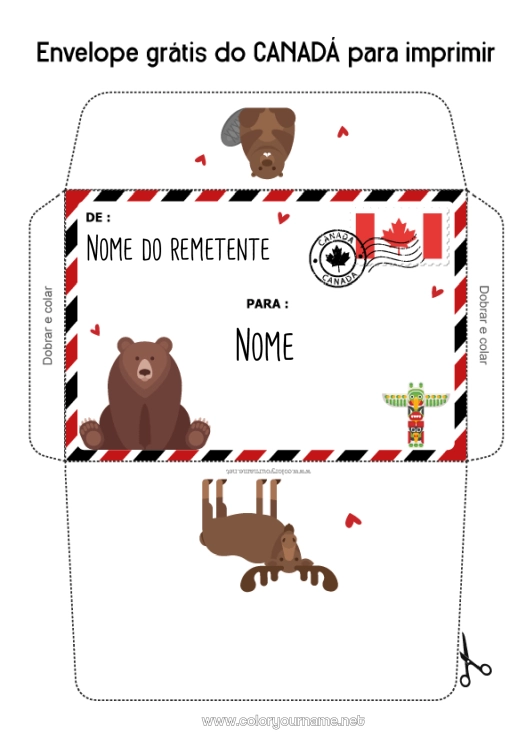 Página de desenho para imprimir Envelope Canadá Envelope para imprimir Viagem do Elfo de Natal Totem