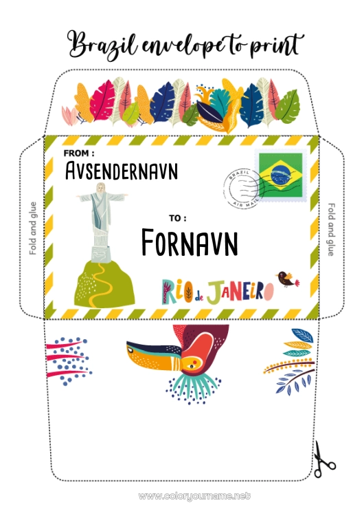 Fargeleggingssiden til utskrift Konvolutt Tukan Land Brasil Utskriftsvennlig konvolutt Julealvens reise Konvolutt for nissepost