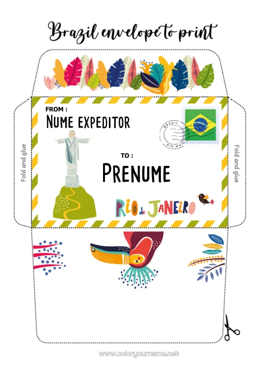 Pagină de colorat de imprimat Plic Tucan Țară Brazilia Plic de imprimat Călătoria elfului de Crăciun Plic pentru scrisoarea lui Moș Crăciun