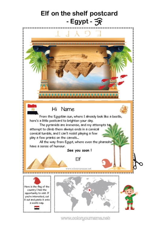 Colouring page to print Egypt Mischievous Elf's Journey Postcard Postcard Of A Single Elf A Single Mischievous Elf