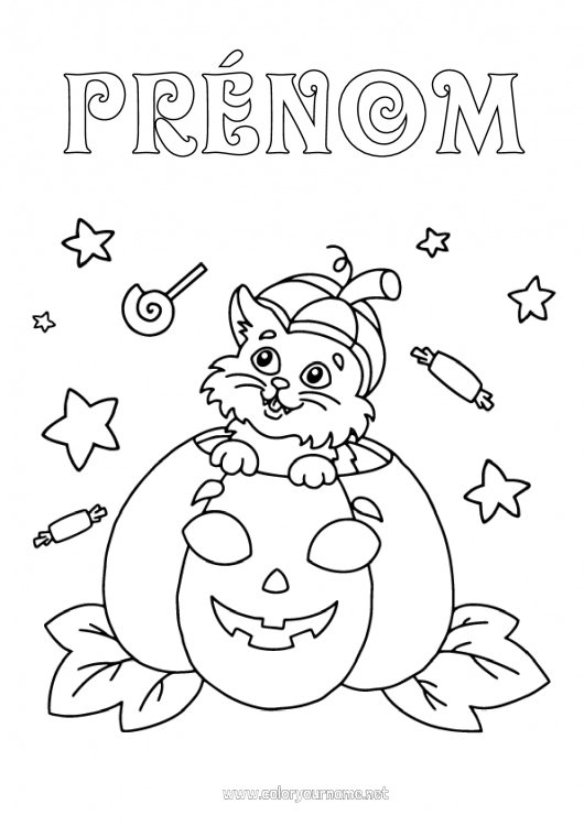 Coloriage à imprimer Bonbons Citrouille Chat noir Halloween