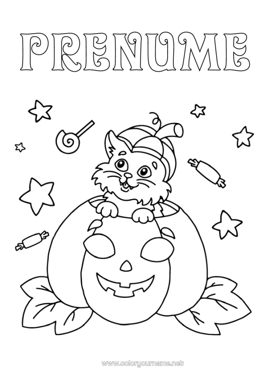Pagină de colorat de imprimat Bomboane Dovleac Pisica neagră Halloween
