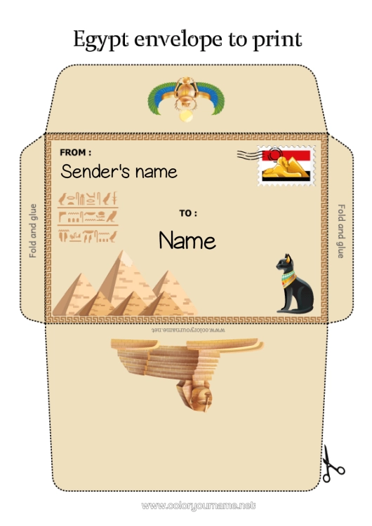 Colouring page to print Cat Envelope Egypt Country Dogs And Cats Print Envelope Mischievous Elf's Journey Envelope For The Christmas Trickster Elf's Mail Pharaoh History