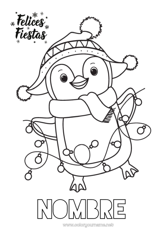 Dibujo para colorear para imprimir Lindo Invierno Navidad Pingüino Guirnalda de Navidad Aves y mamíferos voladores