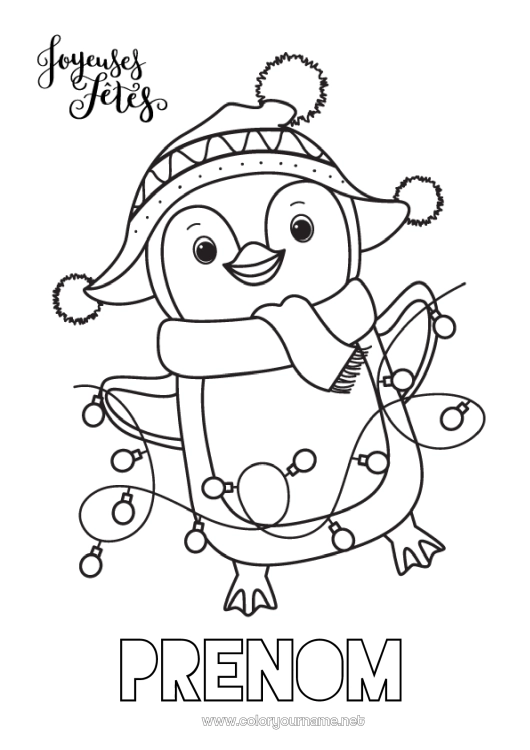 Coloriage à imprimer Mignon Hiver Noël Pingouin, Manchot Guirlande de Noël Oiseaux et mammifères volants