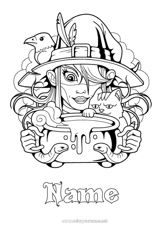 Coloring page to print Witch Black cat Magic pot Snake Reptiles Flying birds and mammals Raven