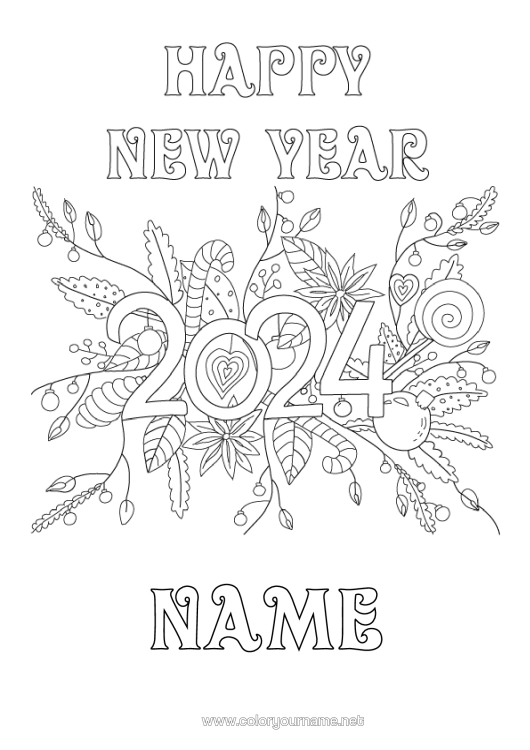 Colouring page to print Flowers Happy New Year Treats, Sweets 2024 "Happy New Year"