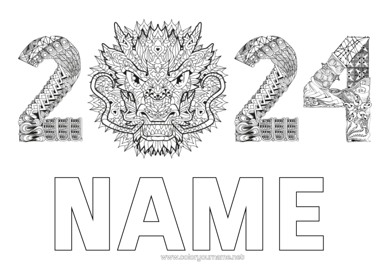 Colouring page to print Dragon Chinese New Year Complex Colouring Pages Zentangle Dragons, Unicorns, And Fantastical Creatures 2024