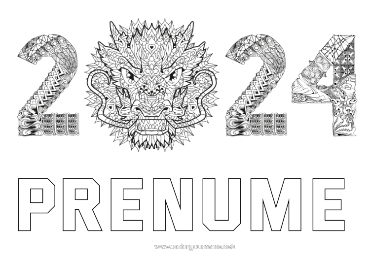 Pagină de colorat de imprimat Dragon Anul Nou Chinezesc Desene de colorat complexe Zentangle Dragoni, unicorni și animale fantastice 2024
