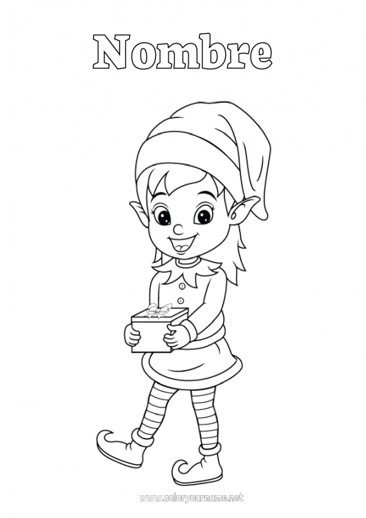 Dibujo para colorear para imprimir Regalos Elfos de navidad Chica Dibujos de Elfos para colorear