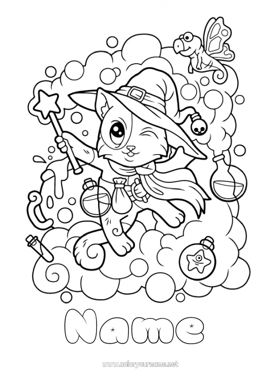 Coloring page to print Black cat Magic pot Cat Hat Complex coloring pages Dog and cat Magician