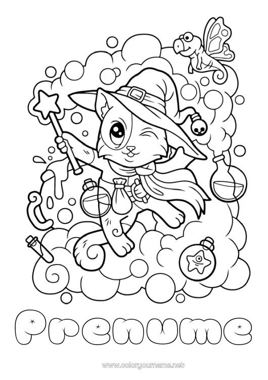 Pagină de colorat de imprimat Pisica neagră Cazan magic Pisică Pălărie Desene de colorat complexe Câini și pisici Magician - Magician