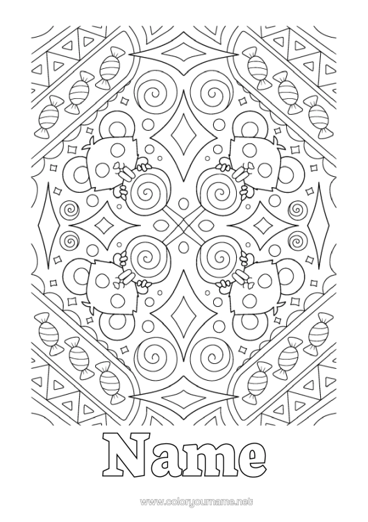 Colouring page to print Bat Sweets Trick Or Treat? Halloween Mandala Mouse Treats, Sweets Complex Colouring Pages Birds And Flying Mammals Forest Animals Pacifier