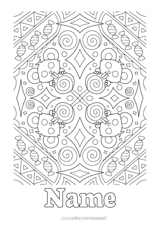 Coloring page to print Bat Sweets Trick or treat Halloween Mandala Mouse Treats Complex coloring pages Flying birds and mammals Forest animals Lollipop