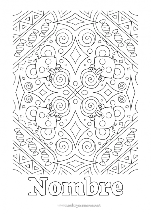 Dibujo para colorear para imprimir Murciélago Caramelos Truco o trato Halloween Mandala Ratón Golosinas Dibujos complejos para colorear Aves y mamíferos voladores Animales del bosque Chupeta