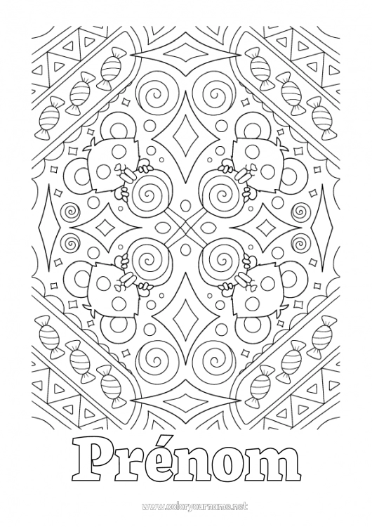 Coloriage à imprimer Chauve-souris Bonbons Un bonbon ou un sort ? Halloween Mandala Souris Gourmandises, sucreries Coloriages complexes Oiseaux et mammifères volants Animaux de la forêt Sucette