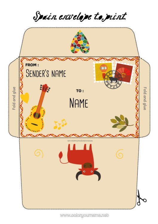 Colouring page to print Envelope Spain Country Farm Animals Guitar Musical Instruments Print Envelope Mischievous Elf's Journey Envelope For The Christmas Trickster Elf's Mail Bull