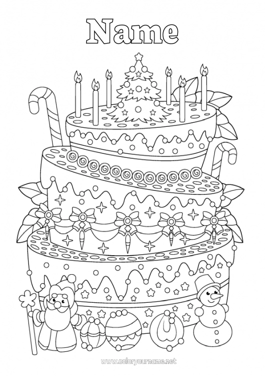 Coloring page to print Candle Cake Winter Snowman Christmas bauble Complex coloring pages Fir