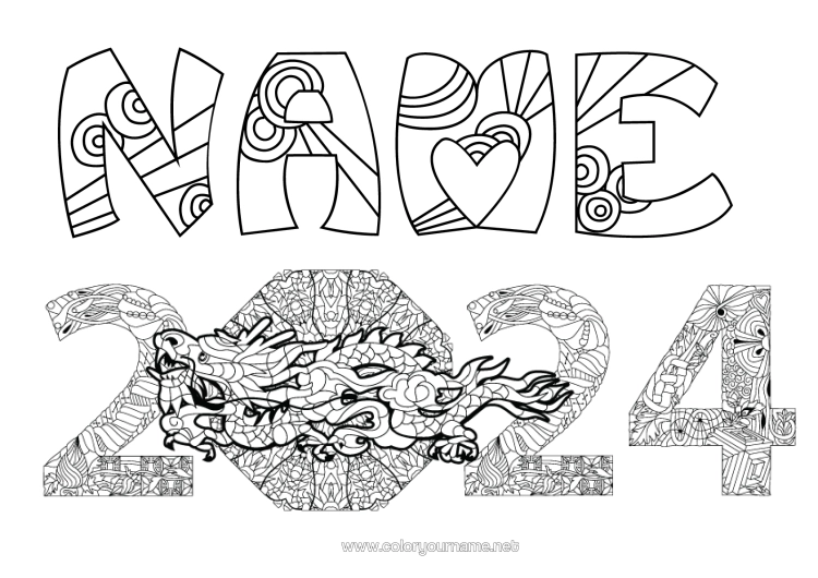 Colouring page to print Dragon Happy New Year Dragons, Unicorns, And Fantastical Creatures 2024