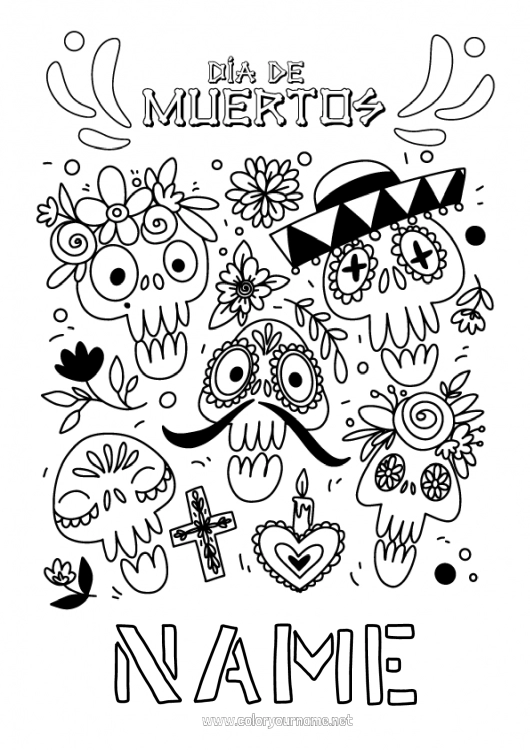 Coloring page to print Halloween Día de los Muertos Mexico Calaveras, skulls