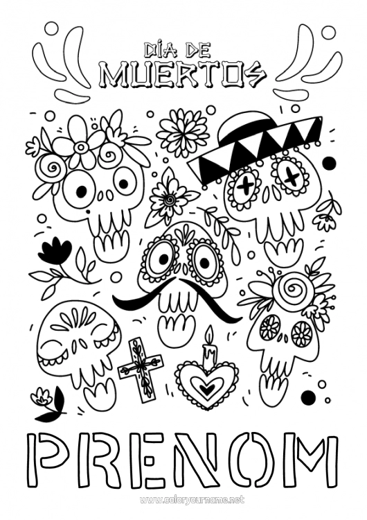 Coloriage à imprimer Halloween Día de los Muertos Mexique Calaveras, têtes de mort