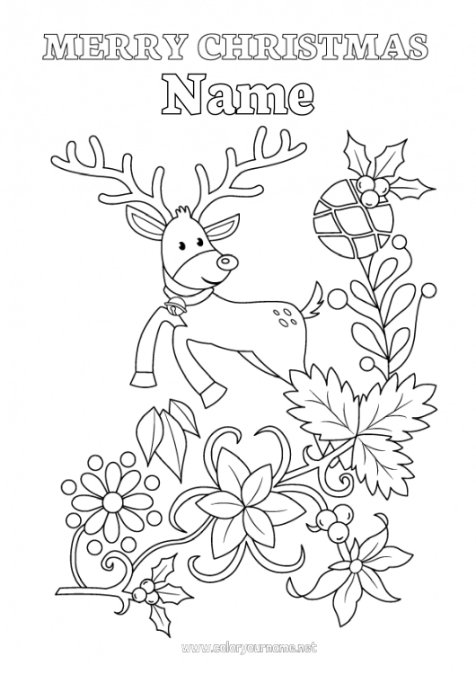 Coloring page to print Reindeer Christmas Christmas bauble Holly Mistletoe Forest animals “Merry Christmas” message