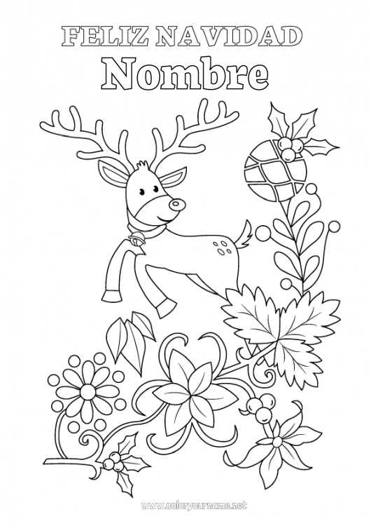 Dibujo para colorear para imprimir Reno Navidad Bolas de Navidad Acebo Muérdago Animales del bosque Mensaje “Feliz Navidad”