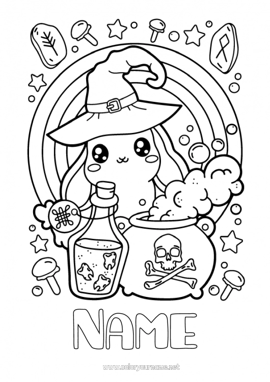 Coloring page to print Magic pot Kawaii Bunny Hat Forest animals Magician