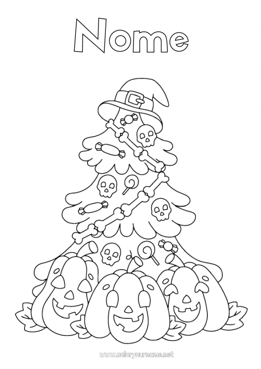 Página de desenho para imprimir Árvore de Natal Halloween Chapéu Árvore de Natal