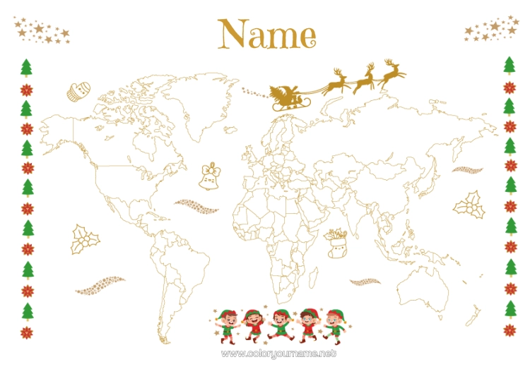 Colouring page to print Father Christmas Christmas Elves Elf Colouring Pages Geography World Map Mischievous Elf's Journey World Map Of Mischievous Elves Colouring Mischievous Travelling Goblins