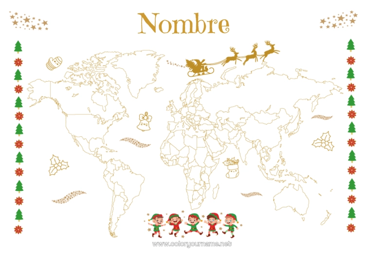 Dibujo para colorear para imprimir Elfos de navidad Geografía Mapa del mundo Viaje del duende navideño