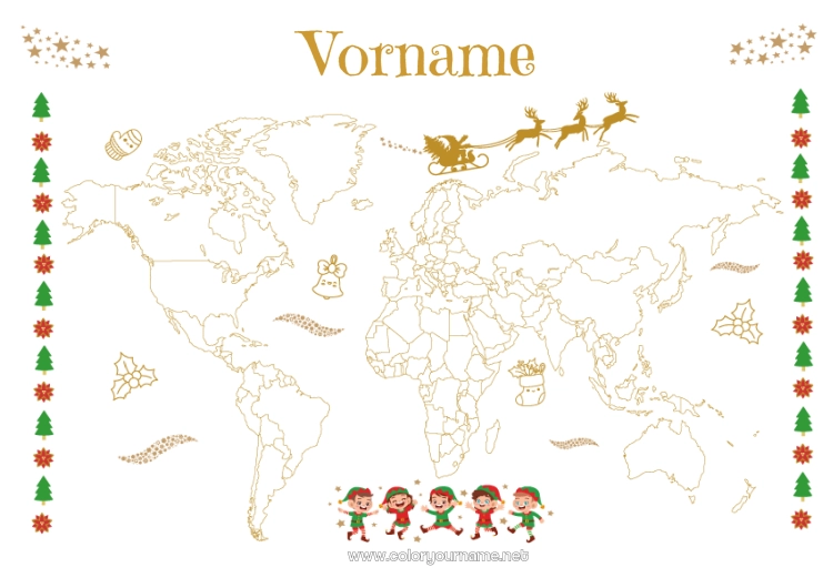 Malvorlage zum Ausdrucken Weihnachtself Geografie Weltkarte Reise des Weihnachtselfen