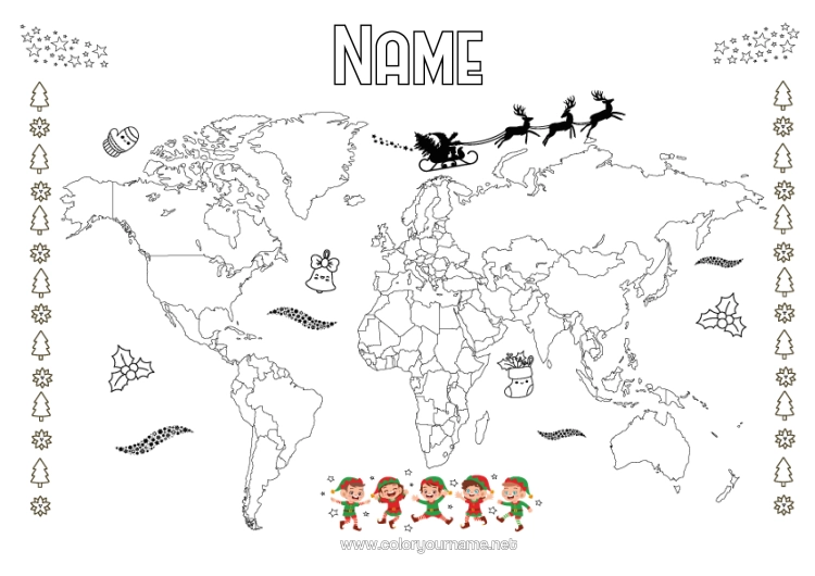 Colouring page to print Christmas Elves Elf Colouring Pages Geography World Map Mischievous Elf's Journey World Map Of Mischievous Elves Colouring Mischievous Travelling Goblins