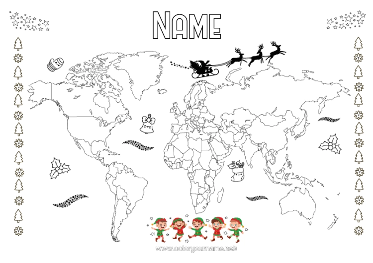 Coloring page to print Christmas elves Geography World Map Elf on the Shelf Trip