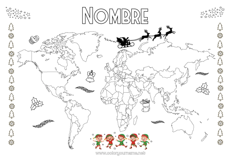 Dibujo para colorear para imprimir Elfos de navidad Geografía Mapa del mundo Viaje del duende navideño