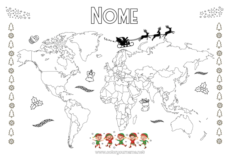 Página de desenho para imprimir Elfo de Natal Geografia Mapa do Mundo Viagem do Elfo de Natal