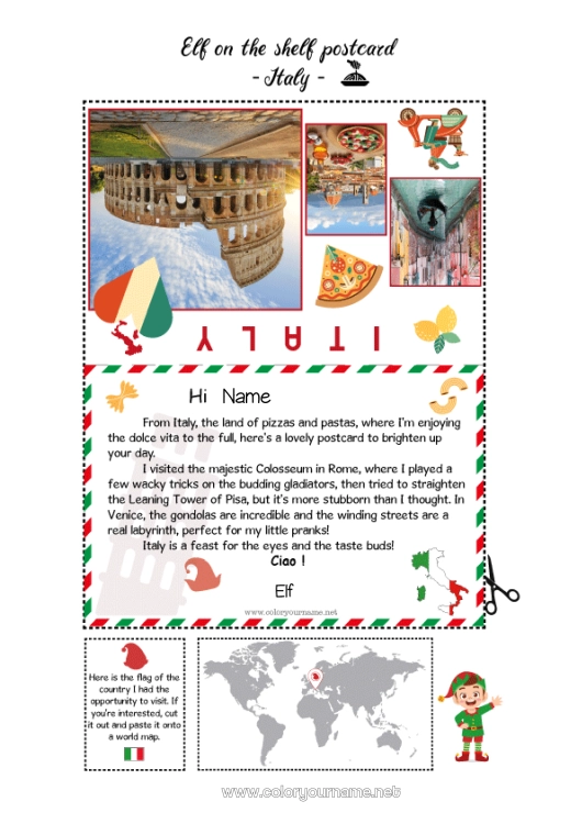 Coloring page to print Italy Elf on the Shelf Trip Postcard Postcard of a SINGLE elf