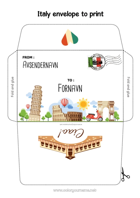 Fargeleggingssiden til utskrift Konvolutt Italia Land Utskriftsvennlig konvolutt Julealvens reise Konvolutt for nissepost