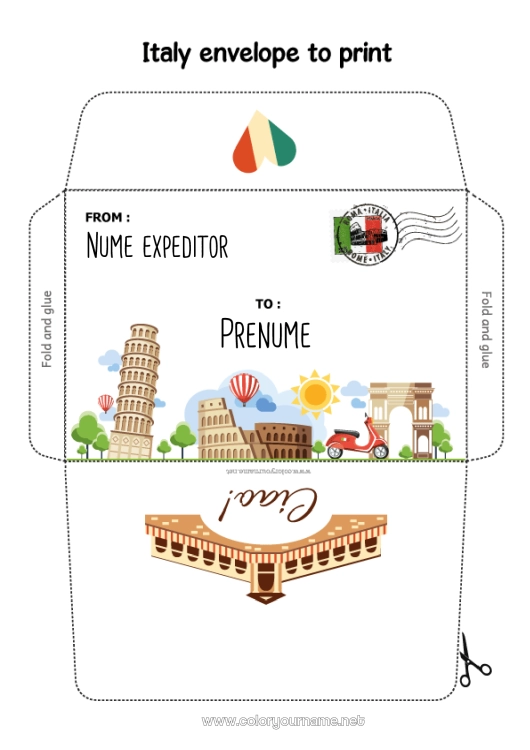 Pagină de colorat de imprimat Plic Italia Țară Plic de imprimat Călătoria elfului de Crăciun Plic pentru scrisoarea lui Moș Crăciun