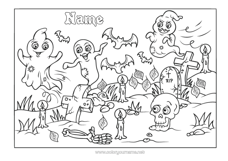 Colouring page to print Bat Cemetery Ghost Halloween Skull Birds And Flying Mammals
