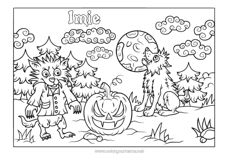 Kolorowanka do wydruku Potwór Wilk Halloween Jack O'Lantern Zwierzęta leśne Przerażający Wilkołak