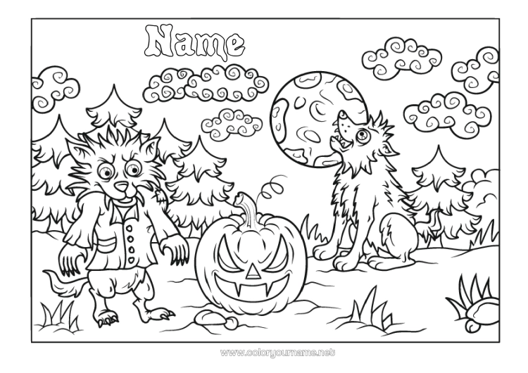 Coloring page to print Monster Wolf Halloween Jack O'Lantern Forest animals Scary