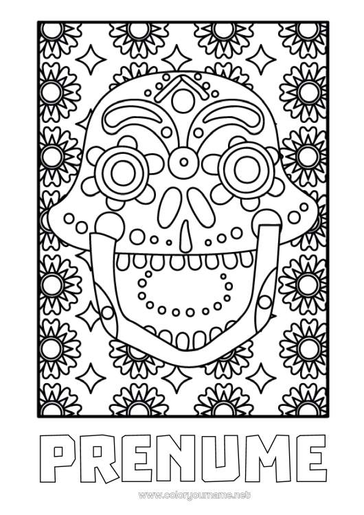Pagină de colorat de imprimat Ziua Morților Calaveras, capete de mort