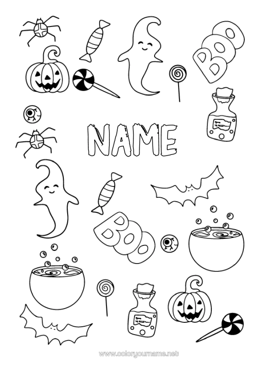 Colouring page to print Bat Ghost Pumpkin Spider Halloween Treats, Sweets Insects Birds And Flying Mammals Pacifier