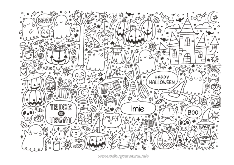 Kolorowanka do wydruku Duch Potwór Halloween Jack O'Lantern Symbole Złożone kolorowanki Zamczysko nawiedzone Napis 'halloween'