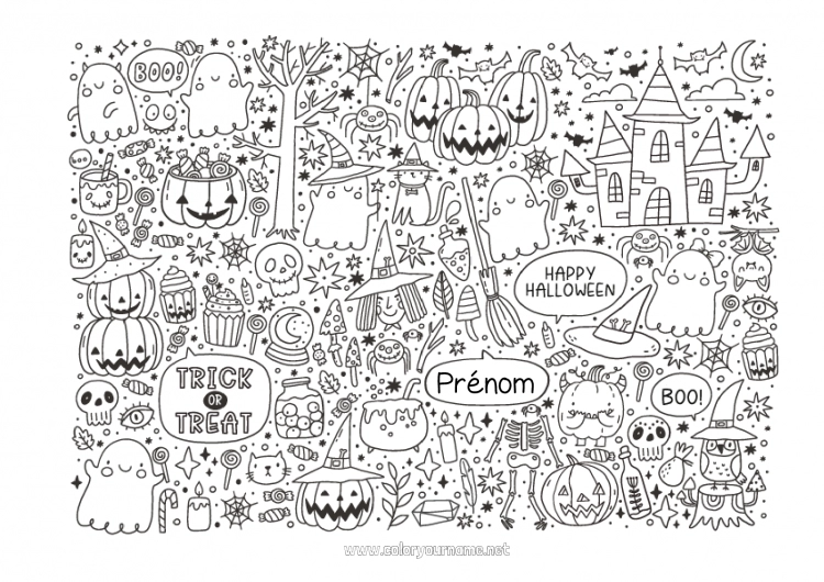 Coloriage à imprimer Fantôme Monstre Halloween Jack O'Lantern Symboles Coloriages complexes Manoir hanté Inscription "halloween"