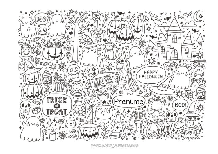 Pagină de colorat de imprimat Fantomă Monstru Halloween Jack cu lampa Simboluri Desene de colorat complexe Conacul bântuit Înscriere 