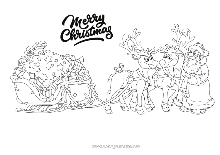 Colouring page to print Gifts Father Christmas Reindeer Sledge Christmas Forest Animals "Merry Christmas" Message