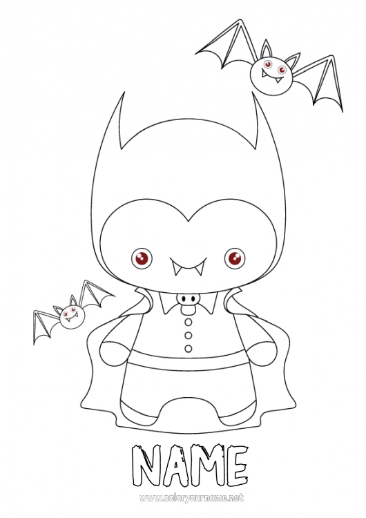 Coloring page to print Vampire Bat Monster Kawaii Flying birds and mammals