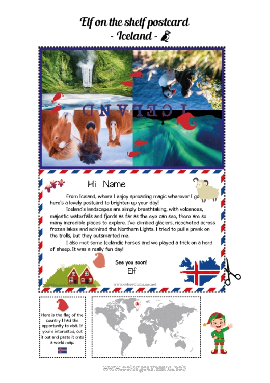 Coloring page to print Elf on the Shelf Trip Postcard Iceland Postcard of a SINGLE elf